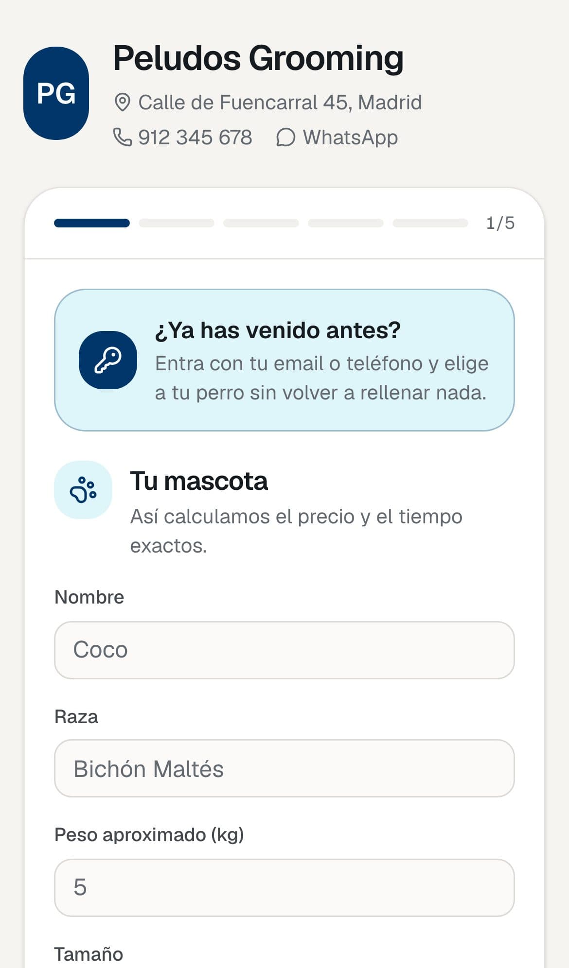 Primer paso de la reserva online en el móvil