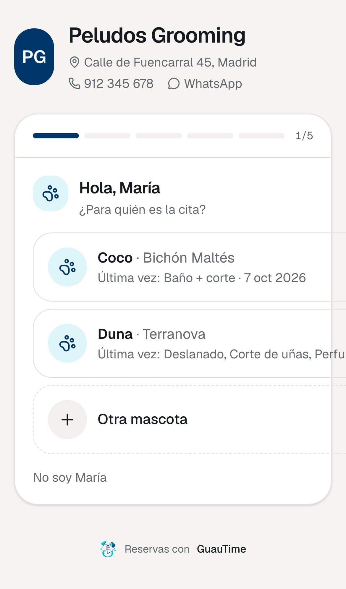 Reserva online de un cliente que ya ha venido, eligiendo entre sus perros