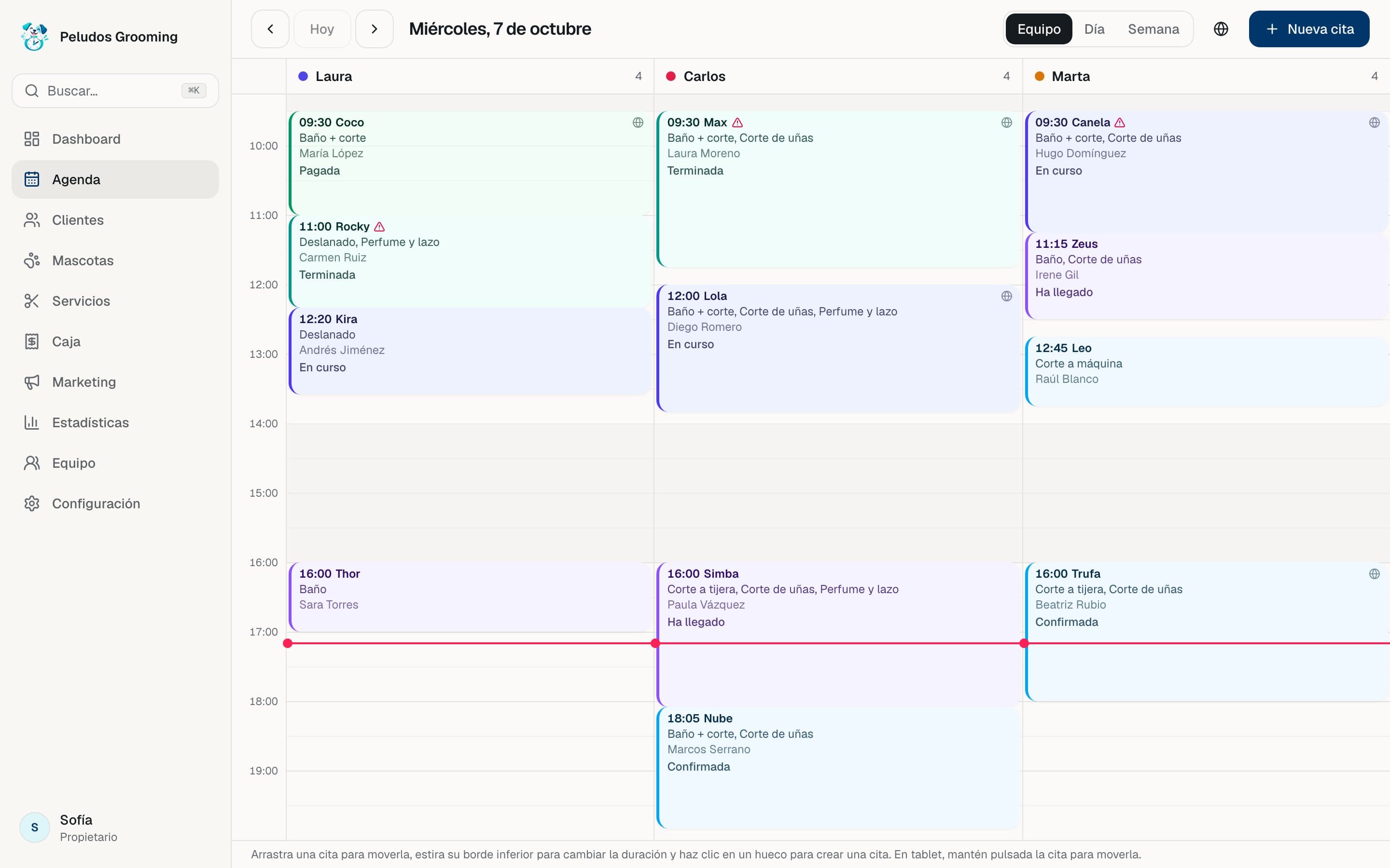 Agenda de GuauTime con las citas del día por profesional