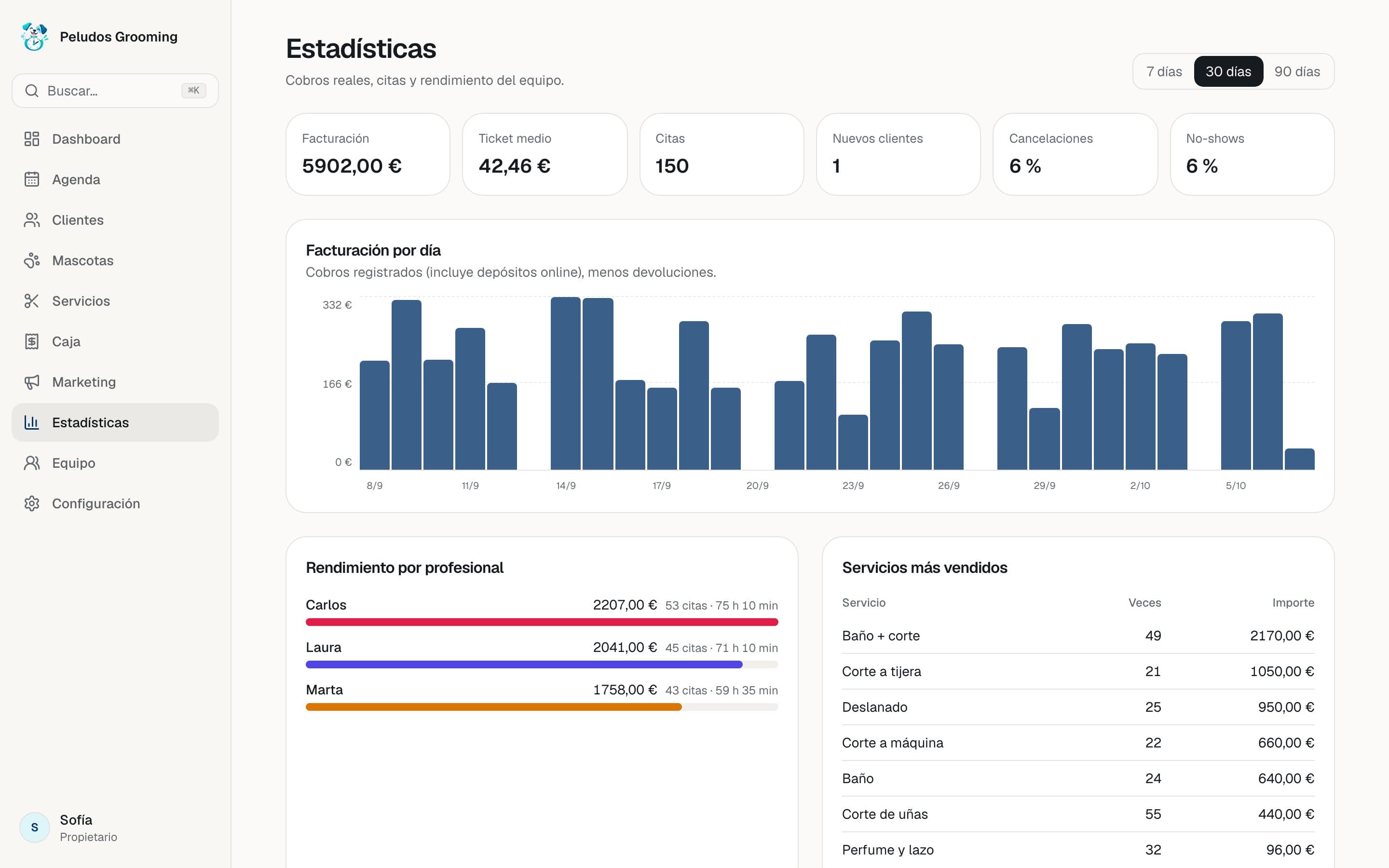 Estadísticas de facturación por día y por profesional
